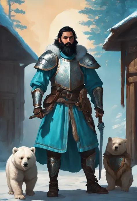 adult man with a black beard and his skin color in shades of cyan blue, with clothes made from the fur of a white bear, he is wearing the armor of a medieval paladin