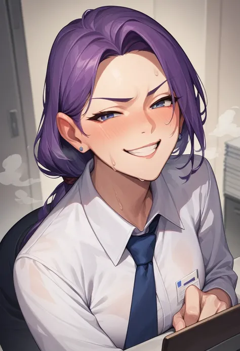 masterpiece, best quality, 1girl, smirk, purple hair, low-tied long hair, blush, sweat, (steam), office 