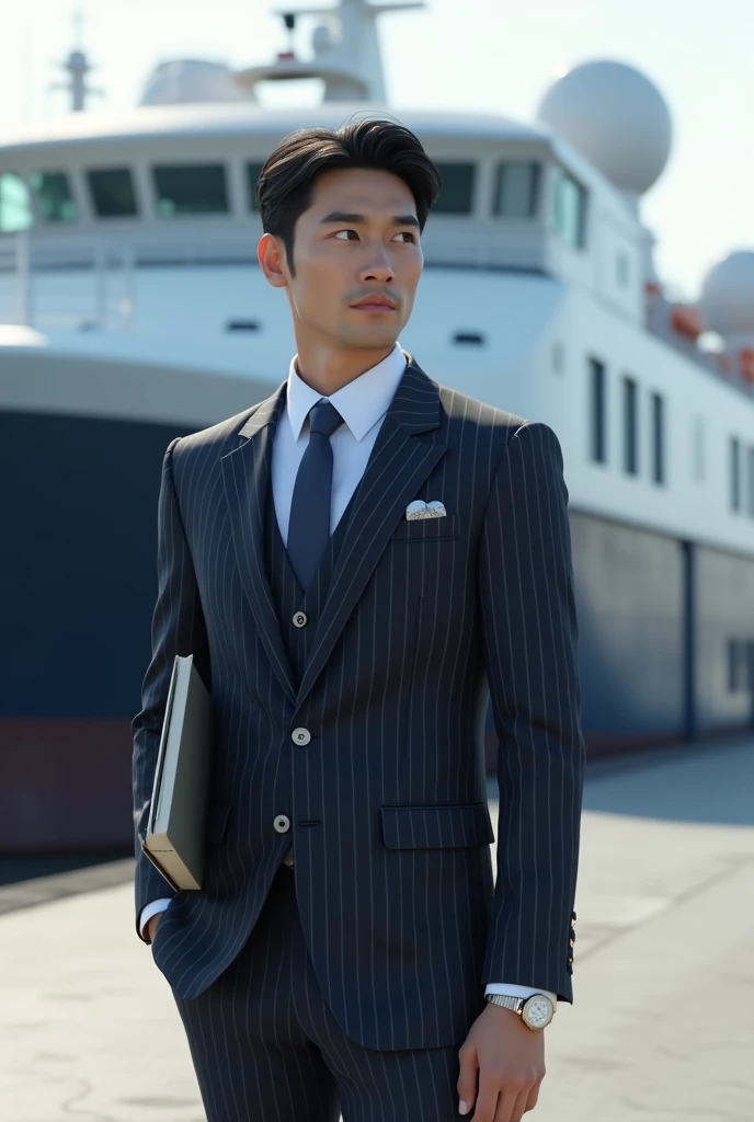 A fresh and handsome 35-year-old new employee, Japanese 35-year-old male, businessman, super high-end suit, striped suit, standing outside, full body, looking at the side, laptop on his right arm, book on his left arm, large vessel background, (CG Unity 8K...