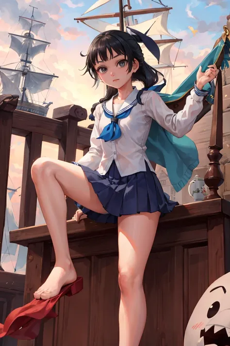 one girl（８year）, pirate, highest quality、cinema lighting、sailor suit、long skirt、 on the mast of a galleon、white panties,