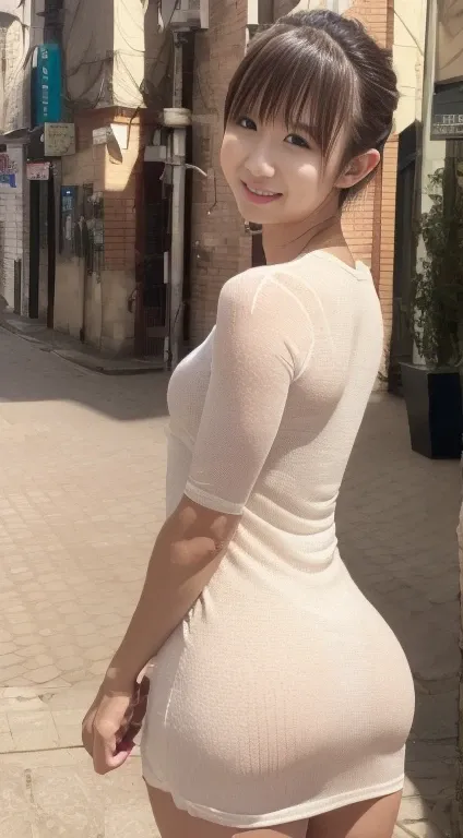 1 female,((tight knit dress)),(small ass),accentuate your butt,small breasts,the clothes are transparent,a cheerful smile, (shor...