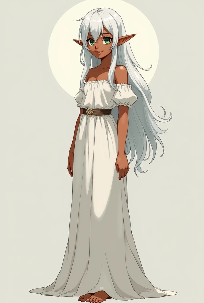 Adult anime girl with brown skin, green eyes, white hair and elf ears wearing a tall white dress