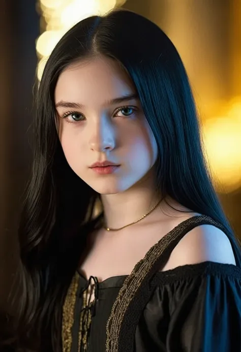 a  13 years old girl with pale skin and long, straight black hair. large and dark eyes , with an intense and enigmatic expressio...