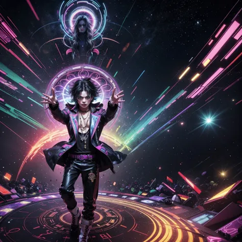 "Create a psychedelic album cover for a psytrance remix of Michael Jacksons Beat It. Depict Michael Jackson in a surreal, vibrant style, with swirling neon colors and abstract patterns surrounding him. His iconic outfit should be transformed into something...