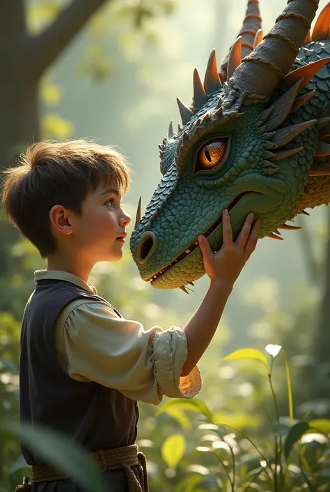 A boy with his dragon petting it