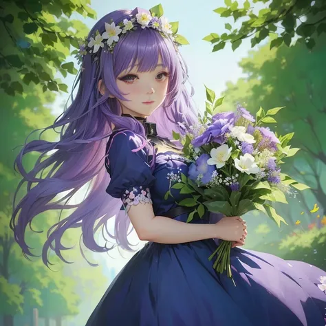 anime girl with purple hair and flowers in her hand, anime moe artstyle, marin kitagawa fanart, anime lush john 8k woods, beautiful anime portrait, guweiz, cute anime waifu in a nice dress, guweiz on pixiv artstation, high quality anime artstyle, anime vis...