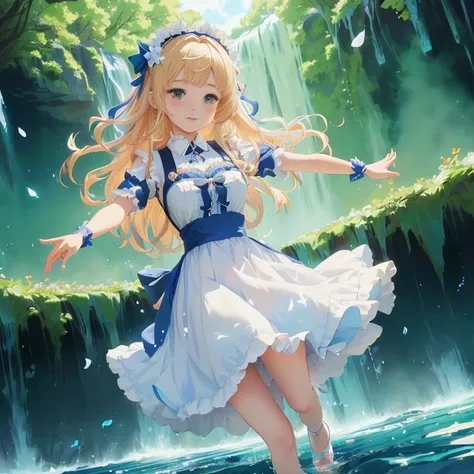 anime girl in a blue dress standing in front of a waterfall, splash art anime loli, anime style 4 k, cute anime waifu in a nice dress, wallpaper anime blue water, a maid in a magical forest, loli in dress, anime girl walking on water, anime art wallpaper 8...