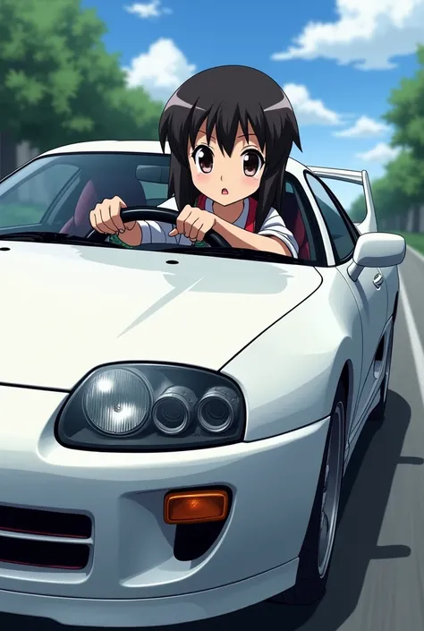 Kuromi character driving a white Toyota Supra mk3 