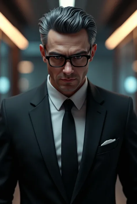 A men in his thirties, with middle part peppered hair, stoic and cold face, pairs of glasses and black eyes, in a beautiful suit, like a Jinx character 