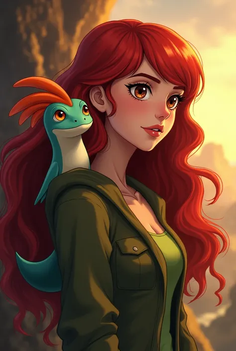 Beautiful redhead girl with Burpy from Slugterra on her shoulder and Eli Shane next to her