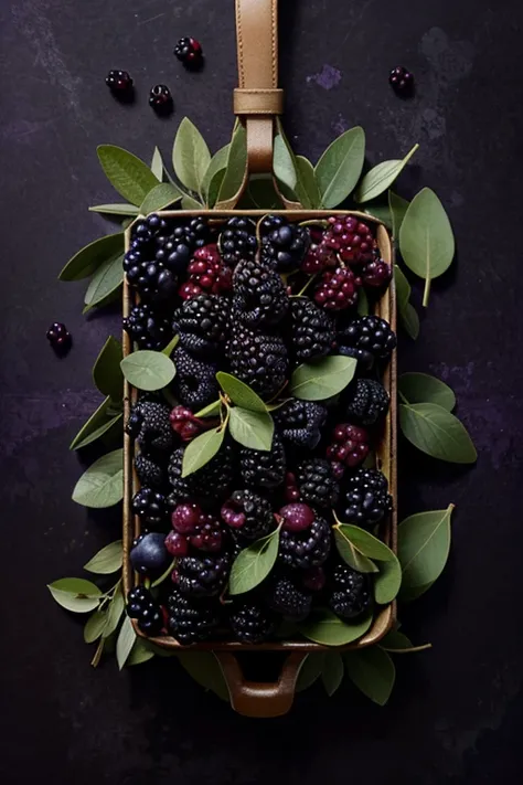 Image of some organized blackberries on a completely purple background and some olive leaves evenly distributed