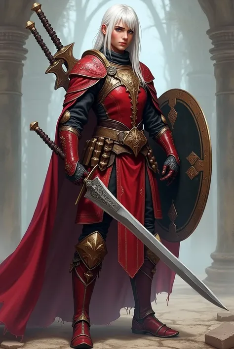 20 year old human paladin, of an RPG with red and black leather armor and a light shield, short sword, long sword and a short bow. violet colored eyes, brown skin color, straight white hair