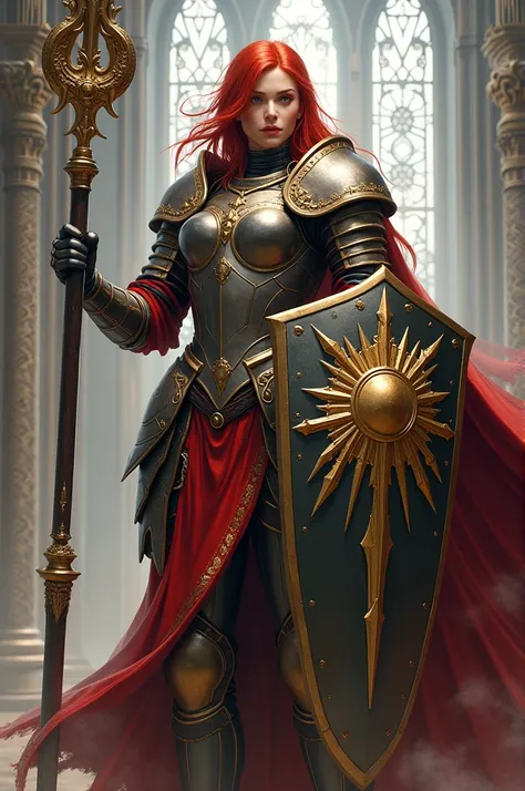 strong redheaded cleric class woman with armor and shield with sun crest and holding a massive weapon 