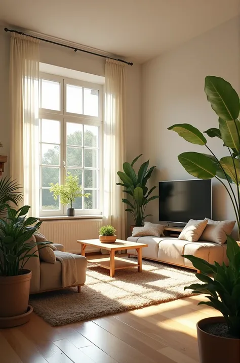 My living room is cozy and bright. There is a large sofa in the center and a coffee table in front of it.. There is a flat screen TV on the wall.. There are also some plants in the corners, that add a touch of nature to the room. The floor is covered with ...