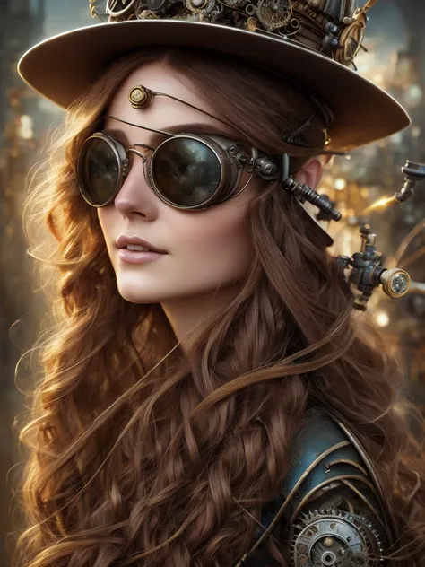 Close up portrait of woman wearing hat and goggles, Anna Dittmann style, Ancient Steampunk City, Long metallic hair, Mark Brooks and Brad Kunkle, light-colored hair streaks, Sylvia Molloy, Mechanized Soldier Girl, Hermaphrodites, John Stevens, High resolut...