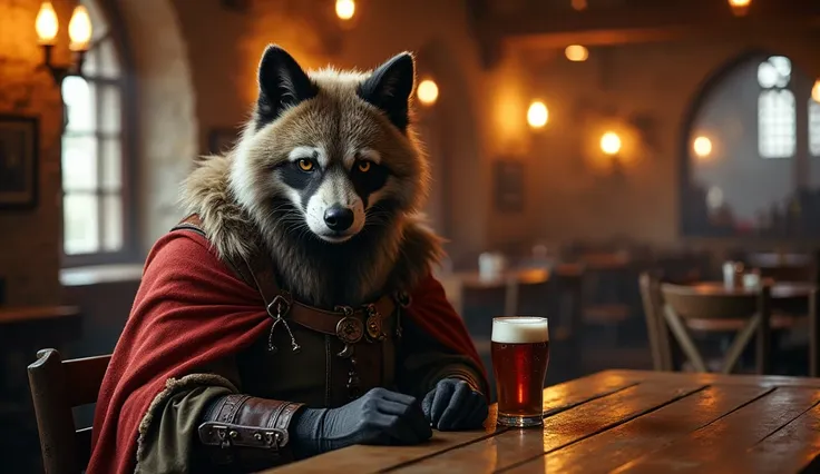 An anthropomorphic wolverine dressed as a fantasy adventurer character that is seated in a medieval tavern.