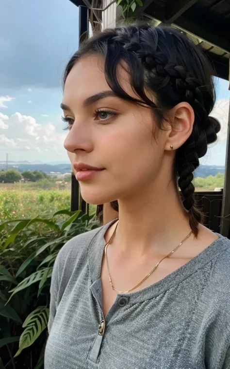 1 woman, wavy short hair with braids, dark brown eyes, nature, plants, sky, almond shaped eyes, full body 1:3, 