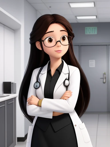 A 28 year old woman, long black hair, Round face, ssmile, medium skin color and black eyes, wear glasses.wearing a white lab coat with a stethoscope ，Standing in the hospital 