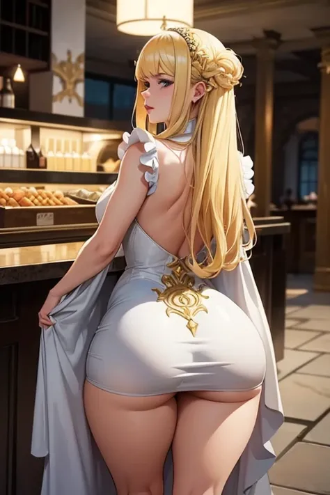 Marika from Elden Ring bowing, Mary, fleshy lips, blond, revealing white dress, gold, boba, black lipstick, legs thick, big-ass, rear view,