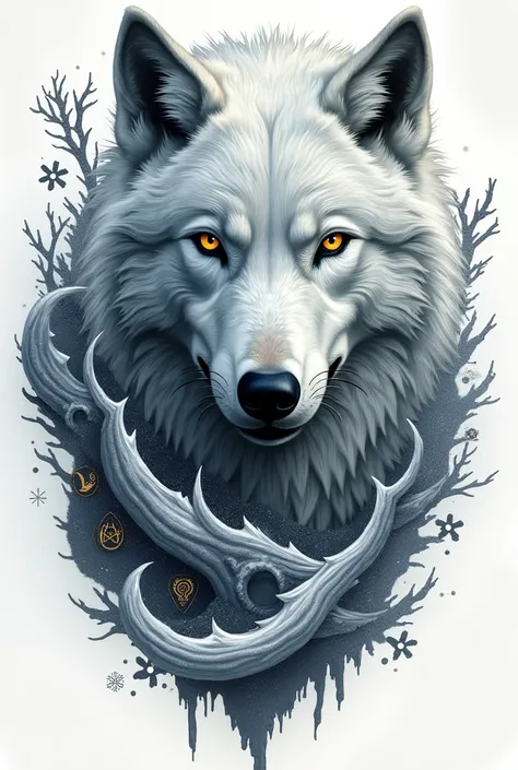 Now create another not so realistic game of thrones tattoo where ghost the wolf of john stands out in addition to symbols that highlight that winter is approaching, that remains on the arm