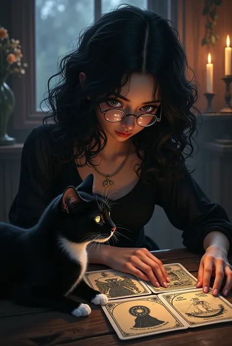 Witch with curly black hair, semi long, with glasses, read the tarot next to a black cat with white spots