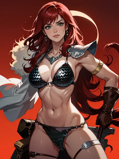 (work of art), best qualityer, expressive eyes, face perfect, busty, neckleace, breasts big, ssmile, simple red background, Red Sonja, rsonj, thigh strap, armors, Chain mail, armorsed bikini, brown gloves, greeneyes