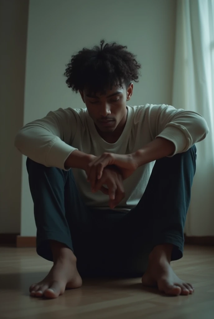 A young dark-skinned man , with curly hair alone in a room , sitting on the floor trying not to think about his ex , in third person