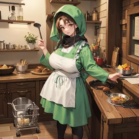 1 girl, medieval character,
  The cook is 45 years old, quite plump but still sexy, has brown eyes, wears a pirate-style cooking headscarf, and ordinary housekeeper clothes in light green, Gray Chef Apron, Holds a pan and a ladle, Very detailed, very beaut...