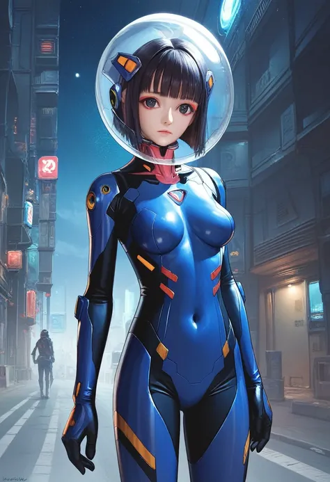 1girl, solo, anime style, 4k quality, masterpiece, best quality, yui, blunt bangs, black hair, black eyes, street, eyeliner, fortified suit, ((blue:1.5) plugsuit), short hair, outdoors, cinematic light, medium breasts, covered navel, space helmet, muvluv, ...