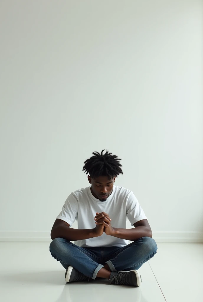 A young dark-skinned man , with curly hair alone in a giant basic room with 4 walls , sitting on the floor trying not to think about his ex , in third person