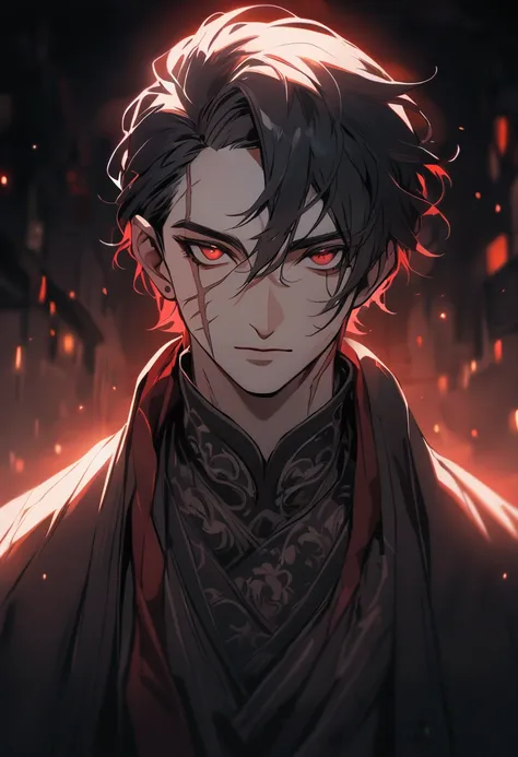 create a character with black hair, red eyes and a scar on his face