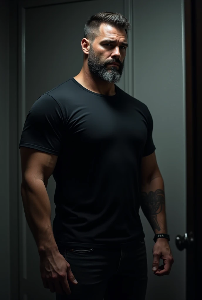 Male, 5ft 6inch, dark brown with gray in short hair grade 2, longer hair on top grade 4, muscular arms, tattoo on upper left  arm, short sleeve black t-shirt, meduim build, black jeans, short tight beard slightly graying, in very dark room, average looking...