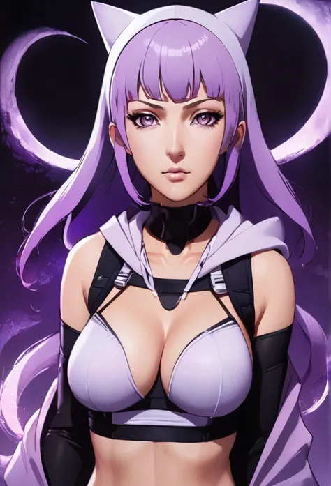 A woman (hyuuga hinata) with Roxo hair and Luminous eyes(Empty eyes)  looks at the camera, 
fishnets,black bodysuit,fishnet bodysuit,no panties,no bra,covered nipples, headband around neck, purple hooded jacket, hooded jacket, fishnets, headband around nec...