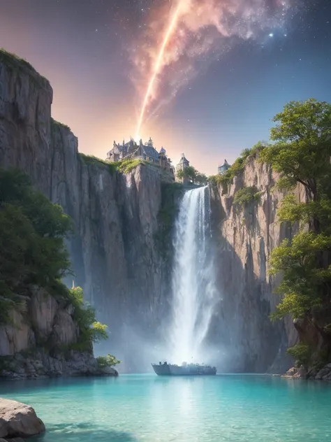 (8k, highest quality, masterpiece, final fantasy style: 1.2), (unRealistic, photoRealistic: 1.37), Dreamy landscape, Fantasy, Unsurreal landscapes, Super detailed, Flying Castle, Floating Island in the Sky, Seven-colored swirl of light, Intense lightning, ...