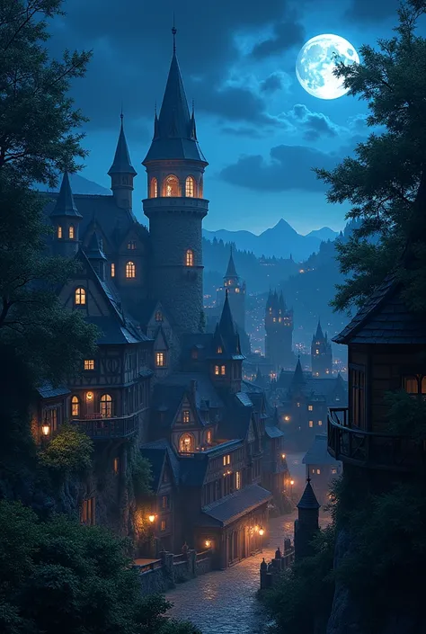 ((Best resolution:1.4)), ((high quality:1.2)), Work of art, 8k, extremely detailed, ((High detail:1.2)), cinematic photo, a very beautiful city, medieval houses and trees, mid night sky, 