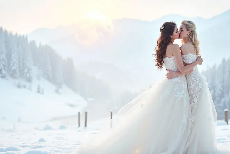 (masterpiece, highest quality, beauty and aesthetic), photograph, perfect anatomy, two gorgeous and stunning dark-skinned or pale-skinned young girls are deeply in love with each other, kiss, perfect make-up, romantic atmosphere, snow and moon, magnificent...