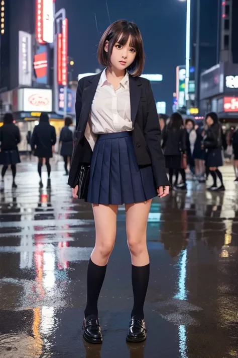 Genuine、Highest quality、cute、girl、high school student、Bob、Brown Hair、Beautiful Eyes、Beautiful Lips、Navy blue pleated mini skirt、White shirt、Black knee-high socks、Slightly larger breasts、loafers、Im wet in the rain、night、Shinjuku、Black blazer、Sitting、One per...