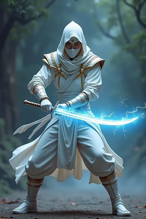 Ninja with white armour with sparkling electrolytes sword