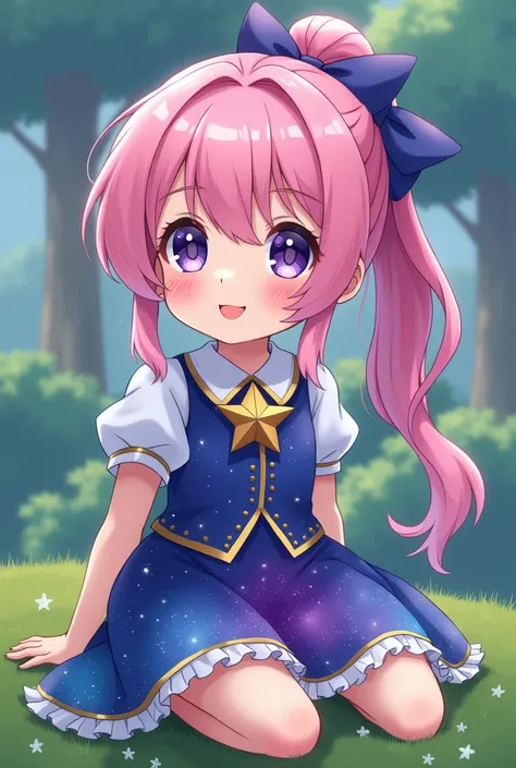 Anime Violet eyes pink hair long pony tail design 14 years old kid (magic mini skirt blue and galaxy with stars dress) cute face with appealing smile golden star emblem (petite body) sitting in the grass ground (with miday light)