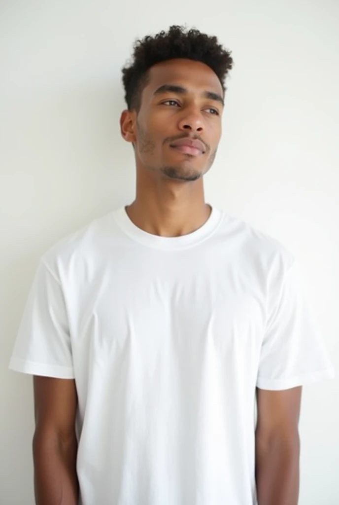 Young man wearing plain white unisex t-shirt, on a white background 