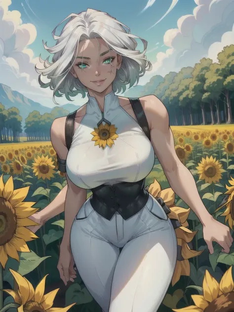 ((ultra detaild, work of art, best qualityer))
 Features of W3, 1 girl, standing alone, White hair, greeneyes, scar on the face, surrounded by sunflowers in a bright field, smiling, glad