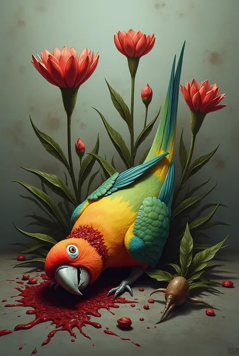 Parakeet with head cut off by sharp flowers