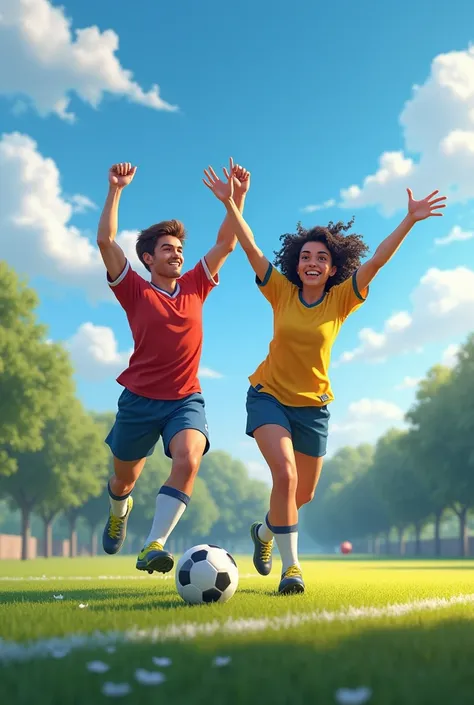 Create an image of a young guy with brown hair, 30 years old. With a 35-year-old girl with medium-length curly black hair . They are both playing soccer and celebrating a goal.. realistic image 