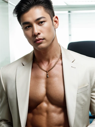 Realistic​ photography​ of a​ korean​​ sexy​ boss​, 29 ages​​​ , wearing​ a​ suit, thin​ necklace​, large​ pecs​, ​ fat​ ,​ tan​ skin, at​ office​ old​s,pose cool