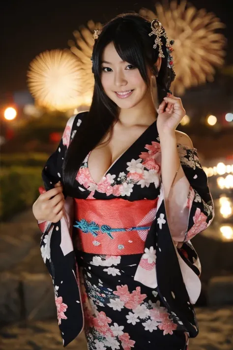 One girl, solo, High resolution, smile, Long Hair, Black Hair,Big Tits,Deep cleavage,The best goddess in Japan,cute,teenager,High resolution, accurate, Highest quality, Yukata,Yamato Nadeshiko,night,firework,Fan,Beauty