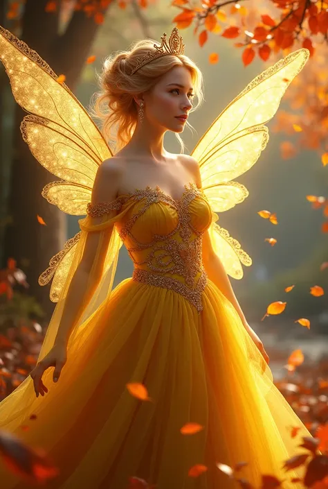 Queen fairy with strawberry blonde hair in a bun, wearing crown and  a beautiful yellow dress and has sparkly gold wings. She is surrounded by autumn leaves.