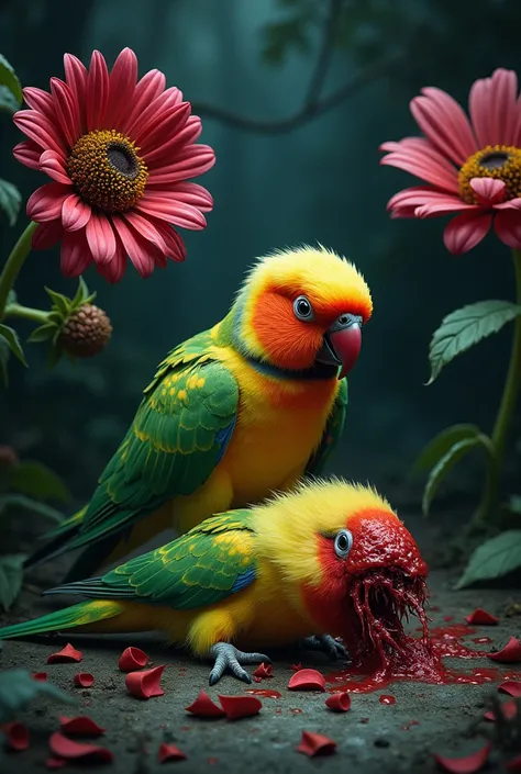 Parakeet decapitated by sharp flowers