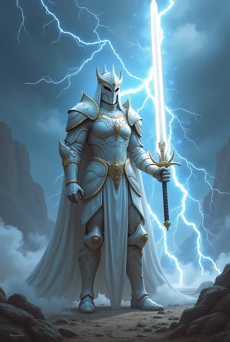 War general white armour with electrolyte sword with sparkling electric with thunder background 