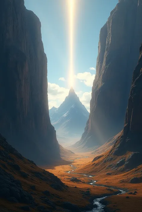 Two mountains of earth, one on one side and one on the other and one in the middle and a ray of light 