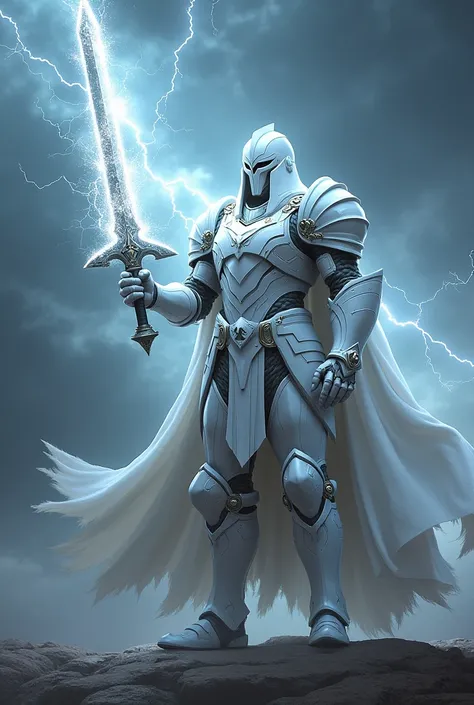 War general white armour with electrolyte sword with sparkling electric with thunder background 